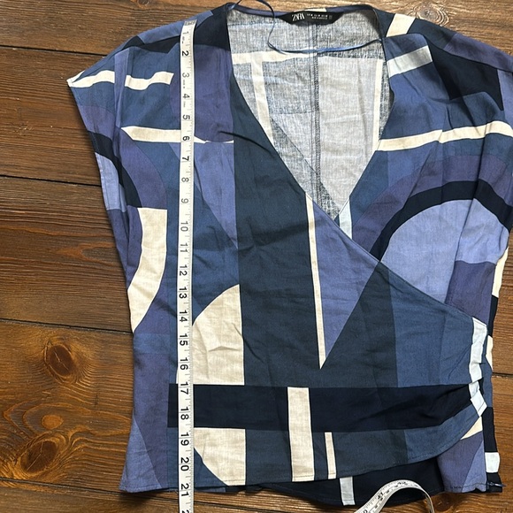 Zara Linen Blend Geometric Printed Blue Top Blouse M - Picture 7 of 8